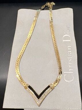VINTAGE Christian Dior Gold V-Front Necklace w/ Black Enamel and Crystals 16.5”